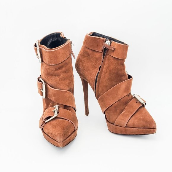 GIUSEPPE Zanotti Booties Tan Suede Buckle Platform Ankle Boots Size 37.5 - Picture 3 of 7